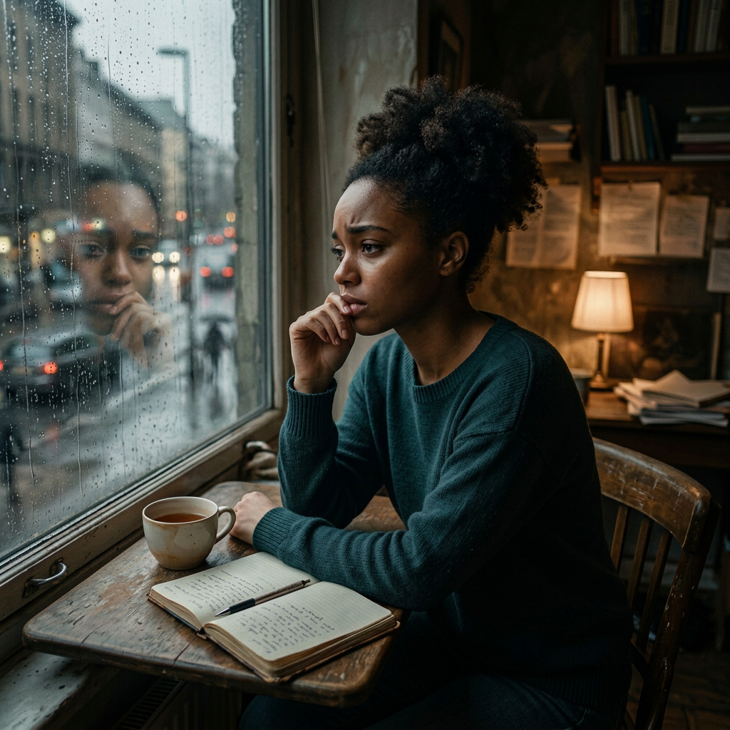 Woman sitting by a window on a rainy day, looking thoughtful with a notebook and cup of tea